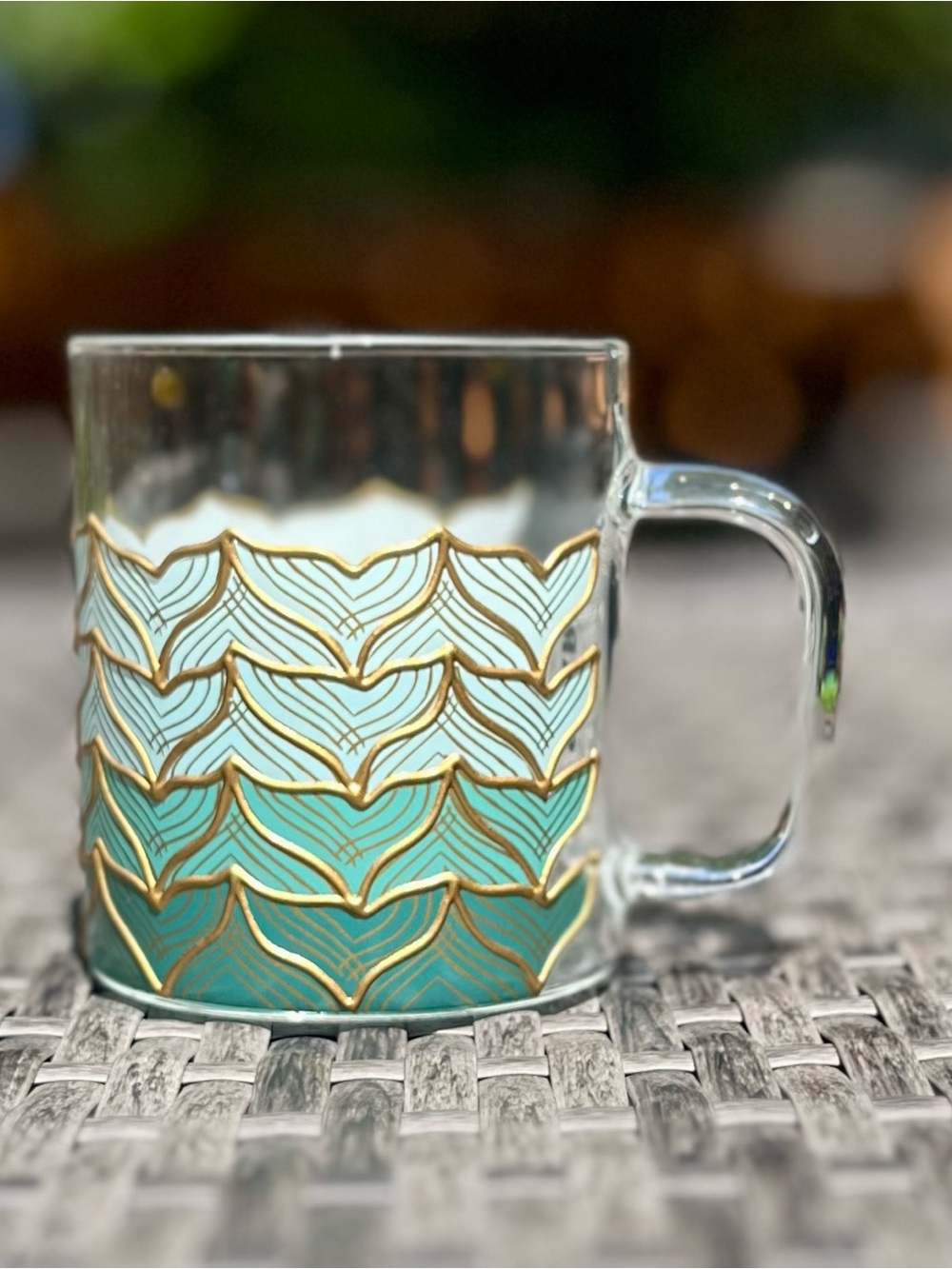 Starbucks 50 Year Anniversary Clear Glass Mug w/Gold & Green Siren Tail Motif